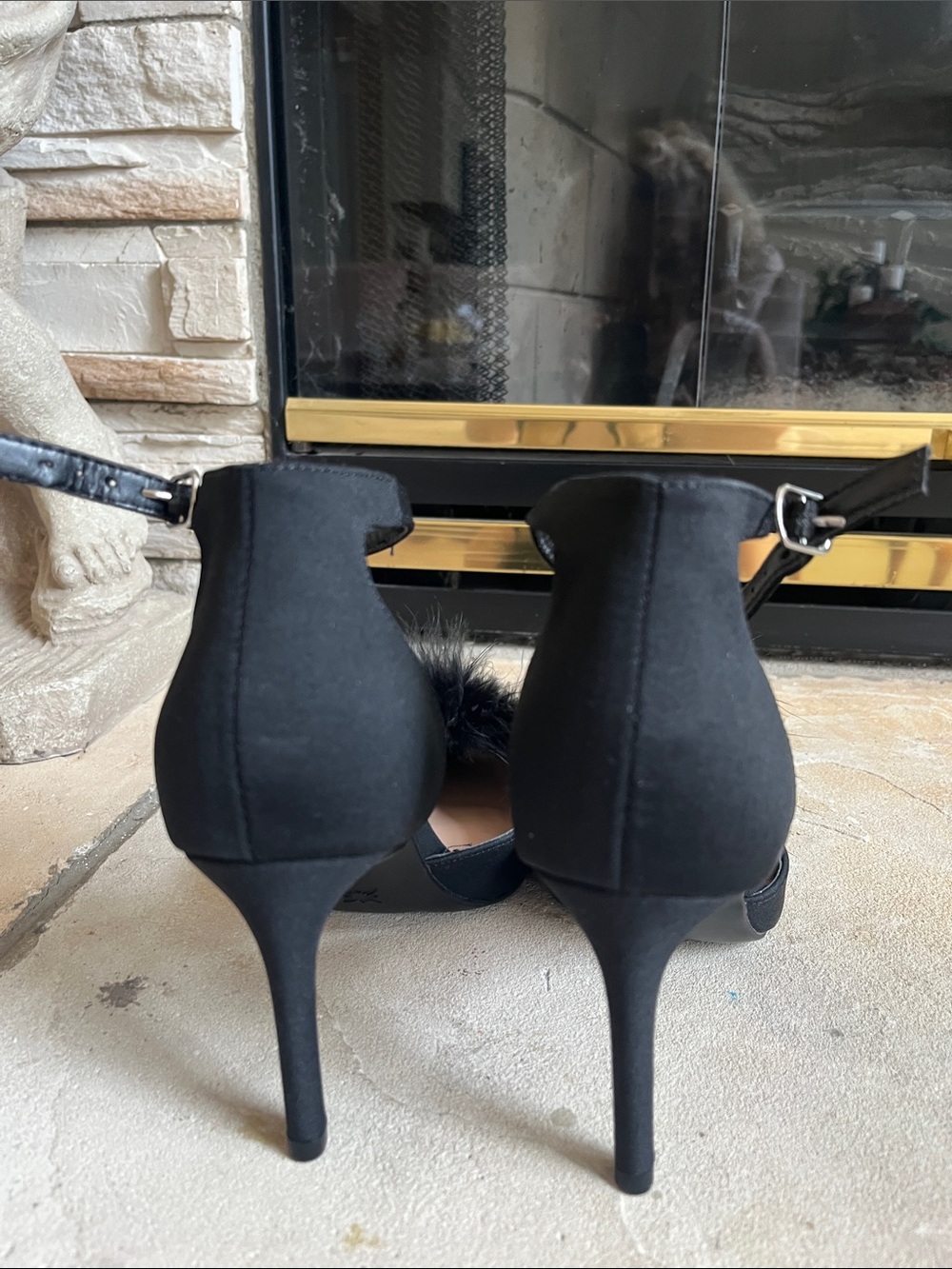 BCBGeneration Black Pointed-Toe Ankle-Strap Heels with Pom Pom - Picture 4 of 6